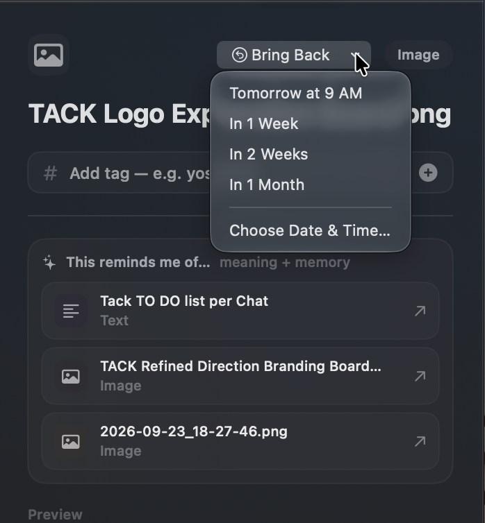 Bring Back menu with tomorrow, one week, two weeks, one month and custom date options