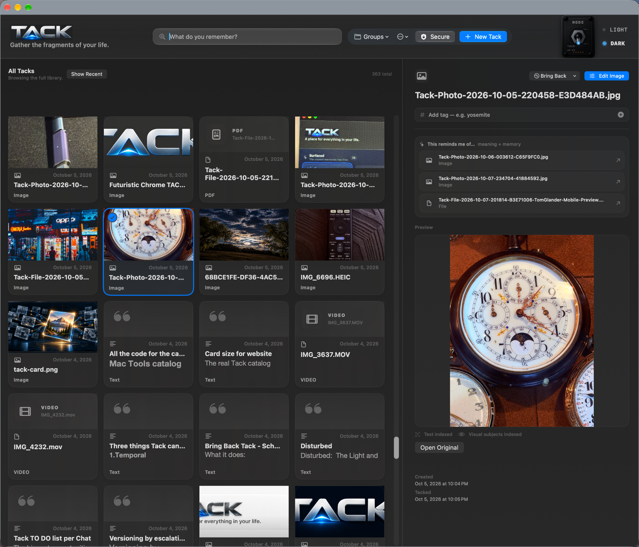 Tack on Mac showing a visual grid of recent memories and a focused detail pane