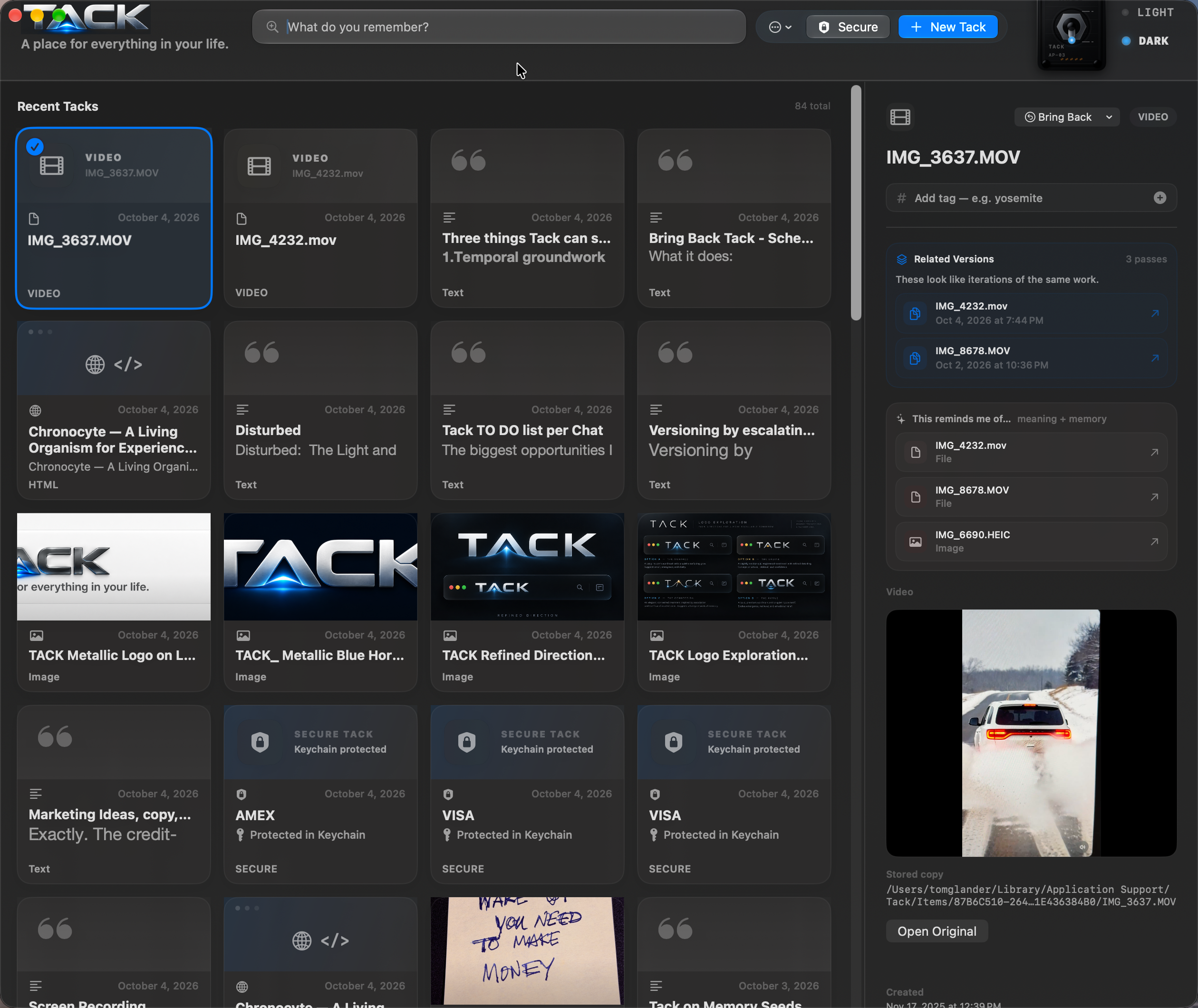Tack detail pane showing an image memory and related items