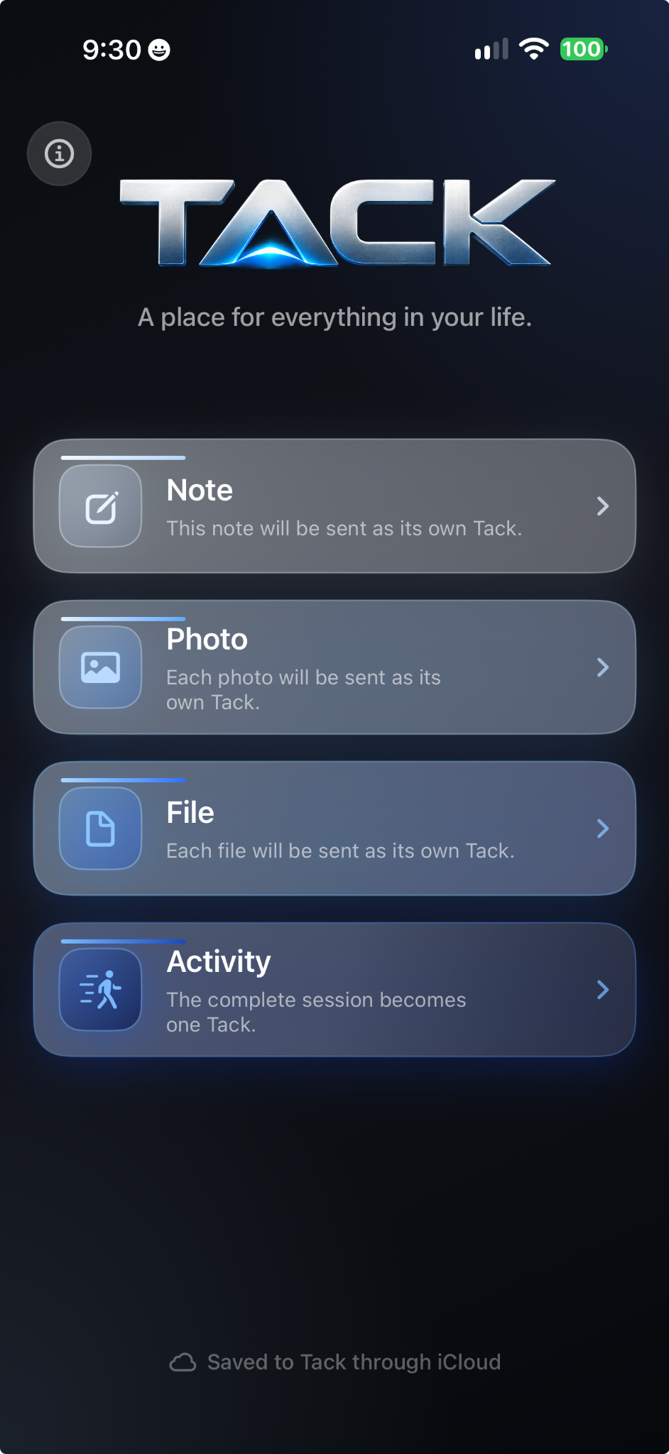 Tack on iPhone showing Note, Photo, File and Activity capture cards