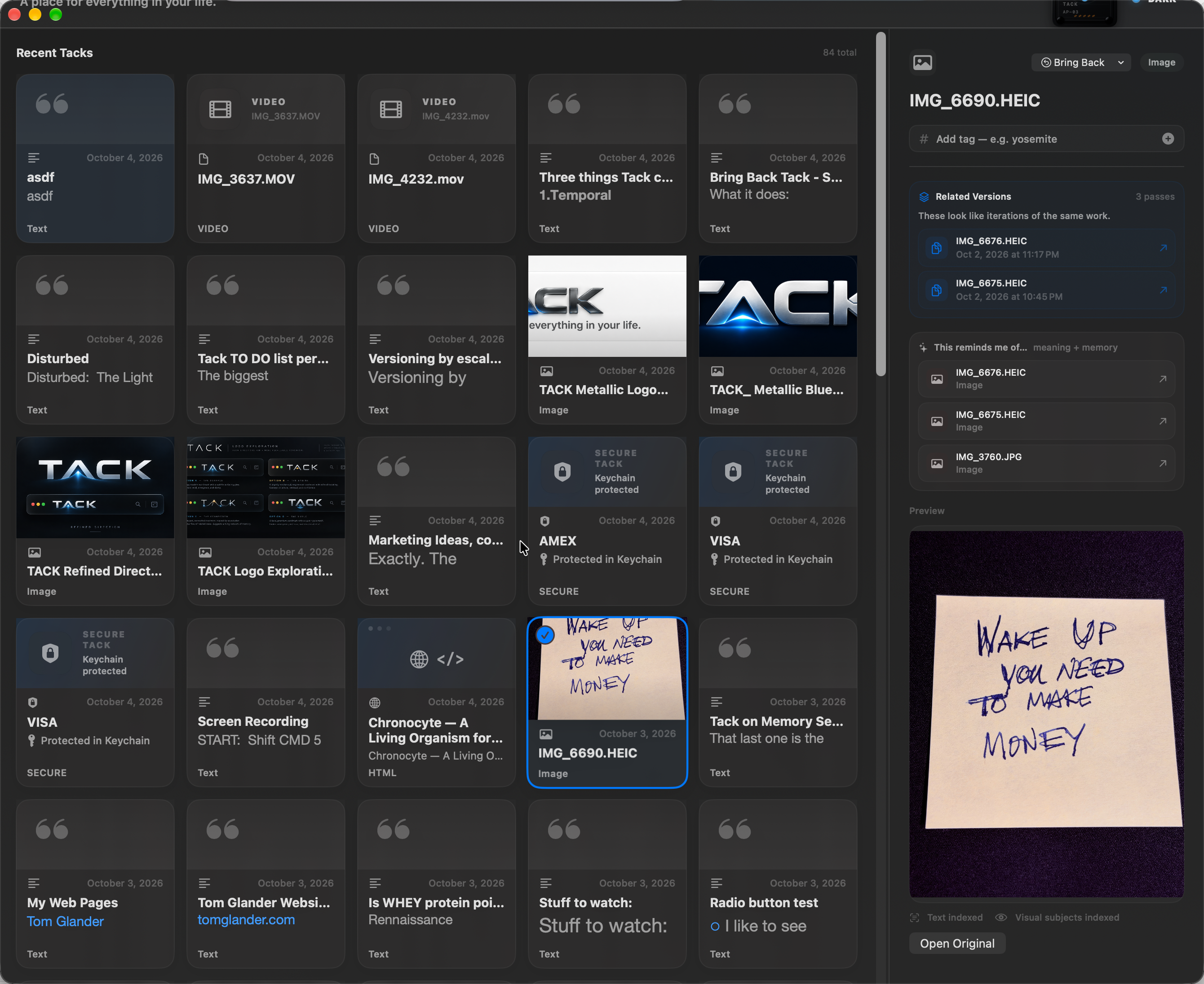 Tack grid showing notes, images, links and a handwritten reminder together